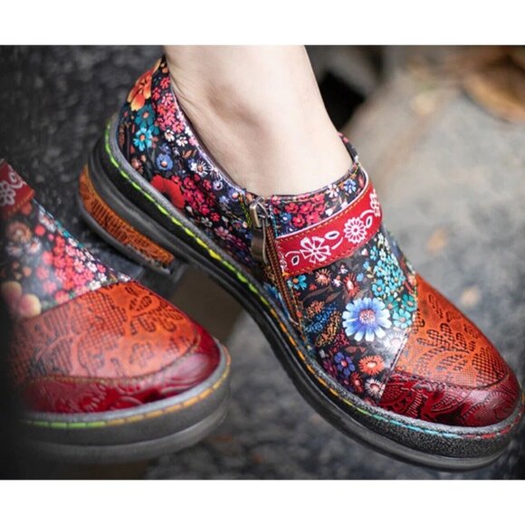 CRAZYCATZ Oxford Floral Leather Shoes Sz 41 US 10.5 Hand Made/Painted Patchwork - Picture 1 of 16